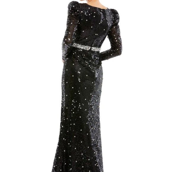 MAC DUGGAL 10736 SEQUINED FAUX WRAP PUFF SLEEVE TRUMPET BLACK GOWN sz 14 - Picture 6 of 8